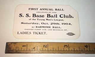 Rare Antique American Baseball Club Young Men ' s League Ball,  Ladies Ticket 1904 4