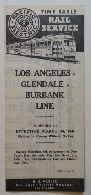 Pacific Electric Railway 1941 Local Public Timetable - Los Angeles Burbank 2 - 5