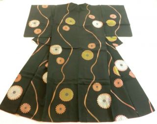 Antique Japanese Kimono,  Silk,  Omeshi,  Silk Crepe,  Black,  Embroidery P041726