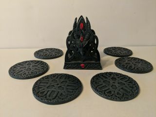 Set Of 6 Resin Dragon Coasters With Holder,  Black With Red Jewels