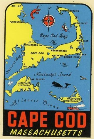 Vintage Travel Decal Cape Cod Massachusetts State Souvenir Map Window
