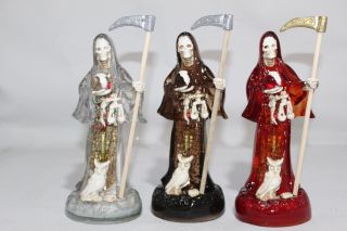 563 Juego 3 Statues Santa Muerte Belen Transparente Red,  White And Black 8 "