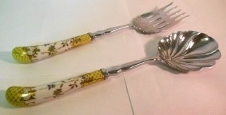 Vtg A E Lewis & Co Sheffield England Serving Fork And Spoon Porcelain Handles