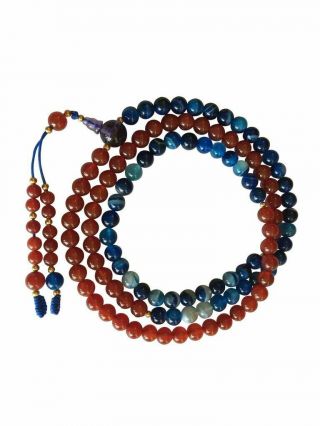 Fire And Ocean Carnelian And Blue Agate Tibetan 108 Bead Mala For Meditation