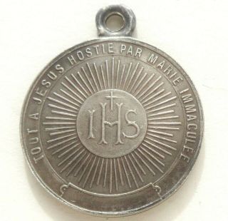 EXTRAORDINARY ANTIQUE MEDAL PENDANT TO OUR LADY OF LOURDES & IHS CHRISTOGRAM 3