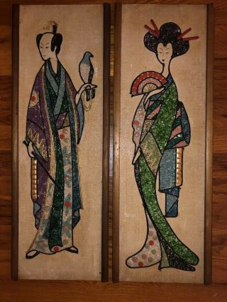 Mid Century Modern Asian Geisha Pebble Gravel Art Japanese Wall Hangings
