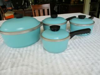 Vintage 8 Piece Club Aluminum Turquoise Blue Cookware Pots Pans