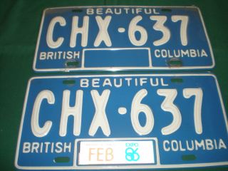 Pair 1986 British Columbia License Plates Tags Bc Canada Chx - 637 Expo 86 Decal