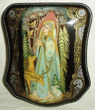 Russian Lacquer Box Palekh " Snow Maiden With Deers " Hand Painted