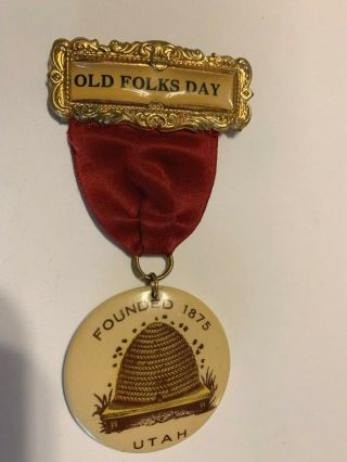 Old Folks Day Founded 1873 Celluloid Beehive Utah Pin Back Badge Ribbon