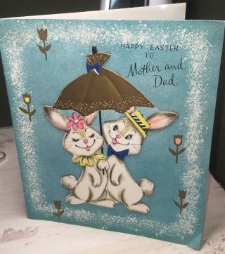 Vintage Hallmark Happy Easter To Mother & Dad Greeting Card Bunnies Bunny Couple