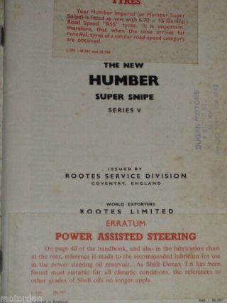 HUMBER SNIPE Series V OWNER ' S HANDBOOK & wallet Rootes,  POST 3