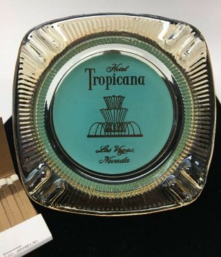 Vintage 1950s Hotel Tropicana Las Vegas Glass Ashtray Square Turquoise Fountain