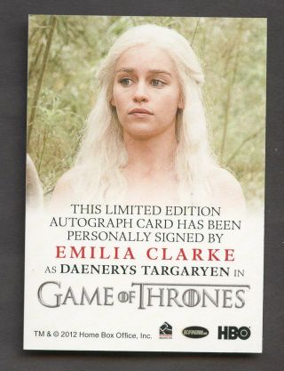 2012 Rittenhouse HBO Game of Thrones Emilia Clarke as Daenerys Targaryen AUTO 2