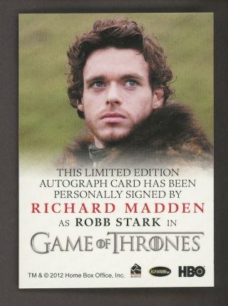 2012 Rittenhouse HBO Game of Thrones GOT Richard Madden as Robb Stark AUTO 2