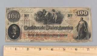 Antique Authentic 1862 Civil War Engraved Slaves 100 Dollar Confederate Bill,  Nr