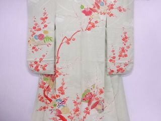66305 Japanese Kimono / Antique Furisode / Embroidery / Ume With Fan & Flow