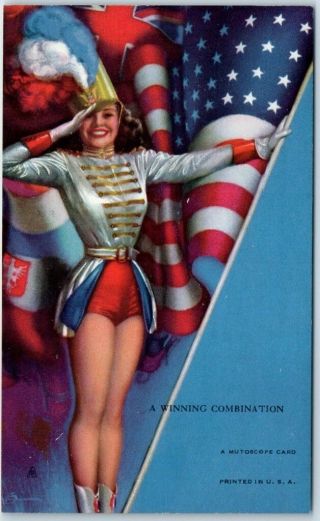 Pin - Up Girl Mutoscope Card " A Winning Combination " Patriotic U.  S.  Flag Wwii