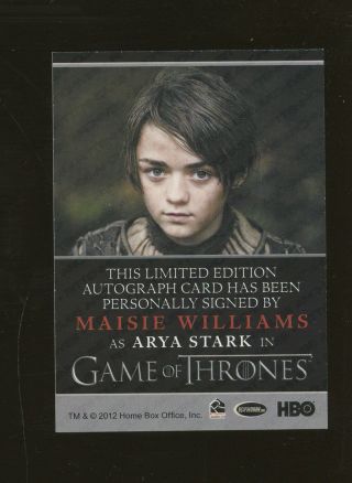 2012 Rittenhouse HBO Game of Thrones GOT Maisie Williams as Arya Stark AUTO 2