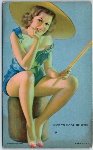 1940s Pin - Up Girl Mutoscope Card " To Hook Up With " Fishing Hot Cha Girls