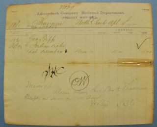 Adirondack Co.  Railroad Dept.  1882 Freight Bill Lumber