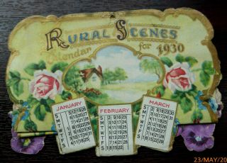 Vintage Christmas Greetings Card Calendar 1930 Rural Scenes Roses Pansies Violet