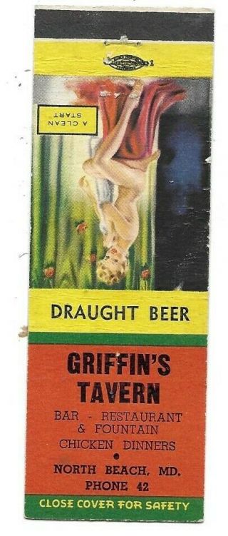 Griffins Tavern,  Bar Restaurant Fountain,  North Beach Md Matchcover Calvert
