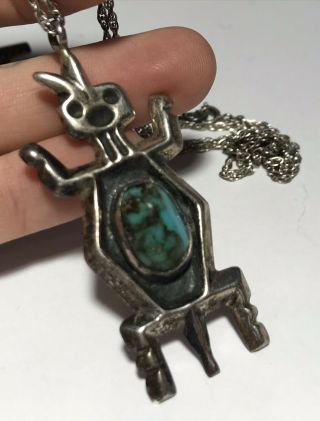 Vtg Sterling Silver Native American Hopi Kachina Turquoise Necklace Medallion