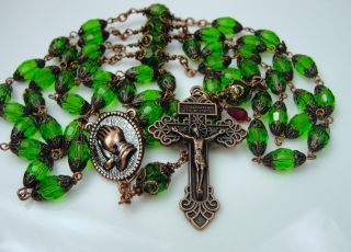 Antique Copper Emerald Green Faceted Crystal Praying Hands 32”rosary Lg