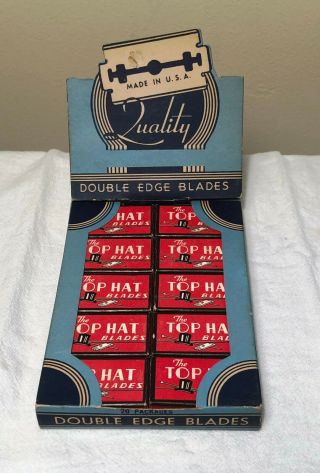 Vintage Store Display W/ 20 Packs Top Hat Double Edge Razor Blades Made In Usa