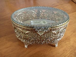 Vintage Ormolu Jewelry Gilt 24kt Gold Beveled Glass Filigree Oval Box
