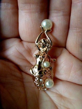 Vintage Gold Toned Nude Mermaid Figural Pin Brooch