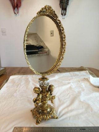 Rare Vintage Matson Like Gold Ormolu Stand Up Vanity Mirror With Cherubs