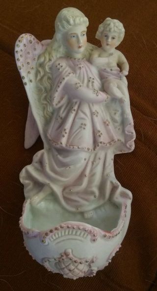 Antique Religious German Bisque Porcelain Holy Water Font Angel Madonna & Child