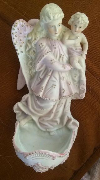 Antique Religious German Bisque Porcelain Holy Water Font Angel Madonna & Child 2