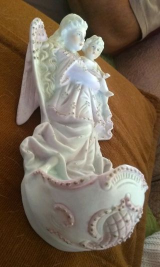 Antique Religious German Bisque Porcelain Holy Water Font Angel Madonna & Child 3