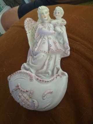 Antique Religious German Bisque Porcelain Holy Water Font Angel Madonna & Child 4