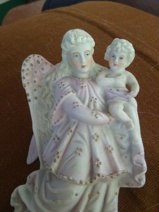 Antique Religious German Bisque Porcelain Holy Water Font Angel Madonna & Child 6