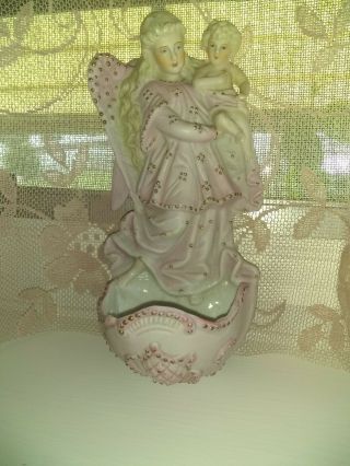 Antique Religious German Bisque Porcelain Holy Water Font Angel Madonna & Child 7