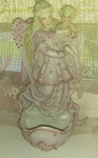 Antique Religious German Bisque Porcelain Holy Water Font Angel Madonna & Child 8