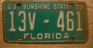 Single Florida License Plate 1969 / 70 - 13v - 461 - Sunshine State - Leon County