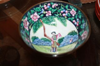 Vintage Hand Painted Metal 5 " Rice Bowl Made In China Painted On Bottom Flower
