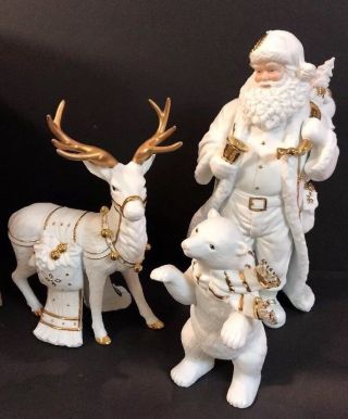 Grandeur Noel 3 Pc Porcelain Santa Reindeer & Polar Bear Set 1999 Christmas Mib