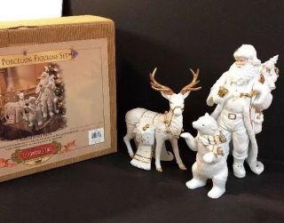 Grandeur Noel 3 PC Porcelain Santa Reindeer & Polar Bear Set 1999 Christmas MIB 2