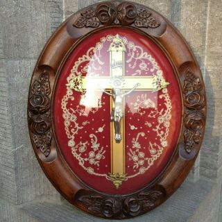 Big Antique Wood Oval Framed Convex Dome Glass Wood Metal Crucifix Jesus Wall