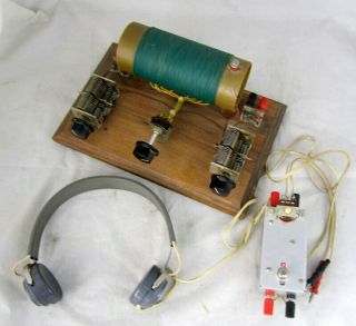 Vintage Home Made Crystal Radio With Headphones And Amplifier