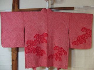 Japanese Vintage Kimono Haori Silk Red Shibori Aa18 008