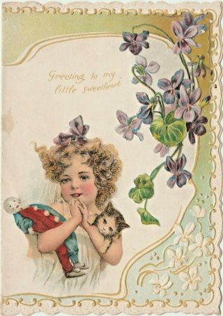 Antique Victorian Embossed Die - Cut Valentine,  Girl With Cat And Clown