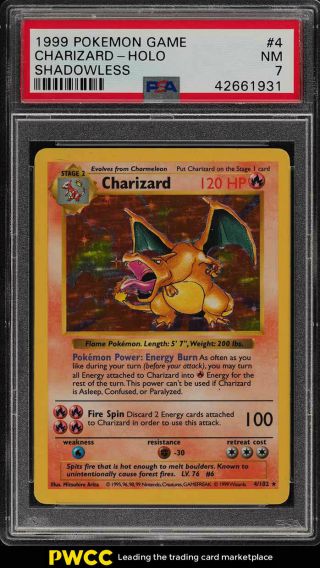 1999 Pokemon Game Shadowless Holo Charizard 4 Psa 7 Nrmt (pwcc)