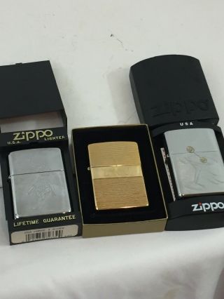 Group Of 3 Zippo Lighters 1979 - 2004 - Horse & Rider,  Martini Glass & Golden